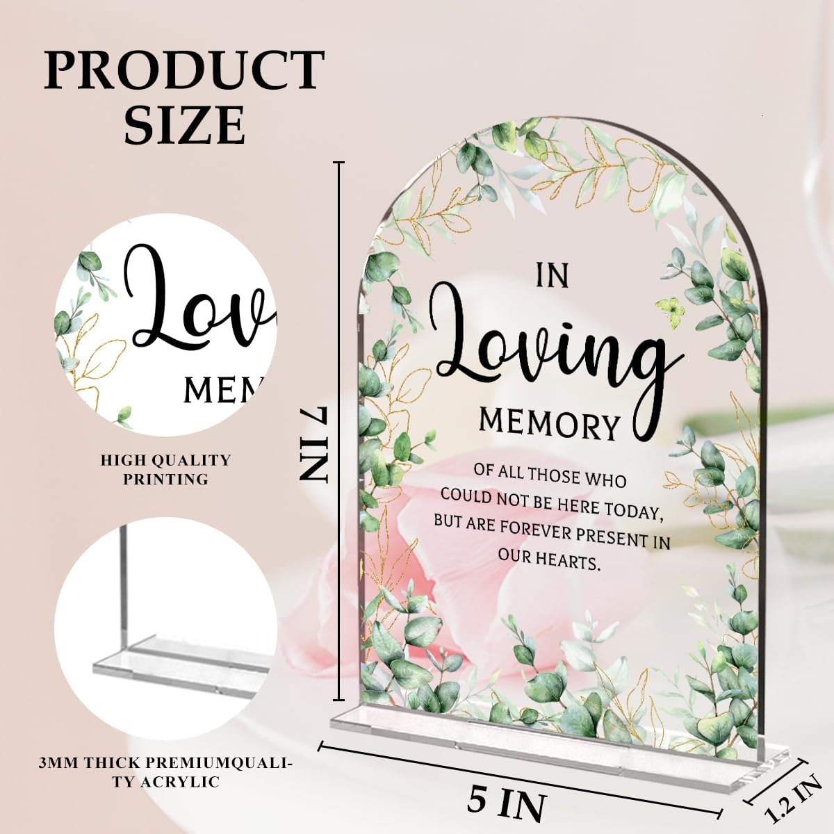 Wedding Memorial Sign，In Loving Memory Wedding Sign，Weddings Supplies 5x7 Inch, Wedding Decor Loving Memory Sign for Ceremony And Reception，Arch Acrylic Table Signs for Wedding, Anniversary (Foliage)