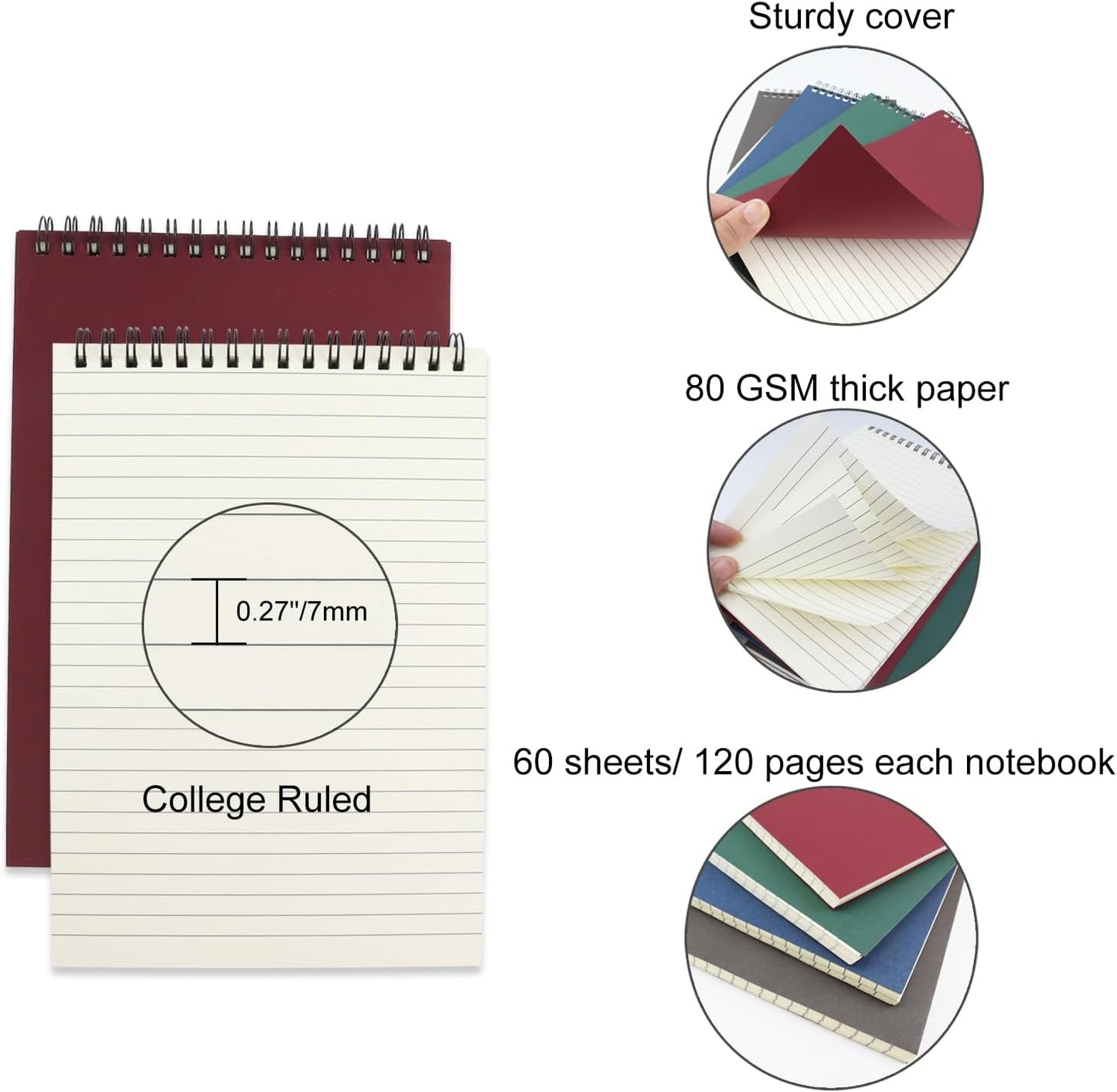 4 Pcs Top Bound Spiral Notebook,8.3 inch x 5.8 inch,60 Sheet,7mm College Ruled Paper,A5 Spiral Note Pads Memo Lined Notebook Journal for School and Office Supplies (4 Colors)