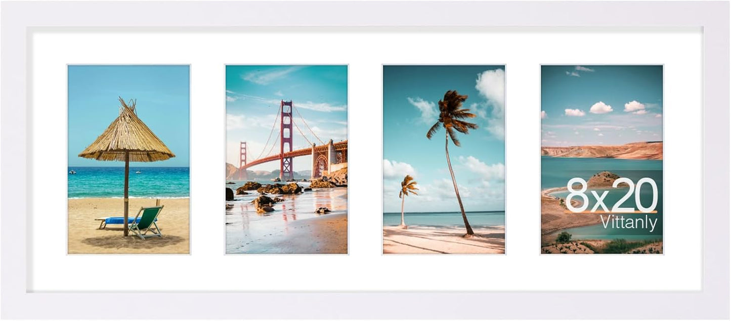 Vittanly 8x20 Collage Picture Frame, Displays 4Pcs 4x6 Pictures with Mat, Picture Frames Collage Wall Decor for Horizontal or Vertical Display, White, 1 Pack
