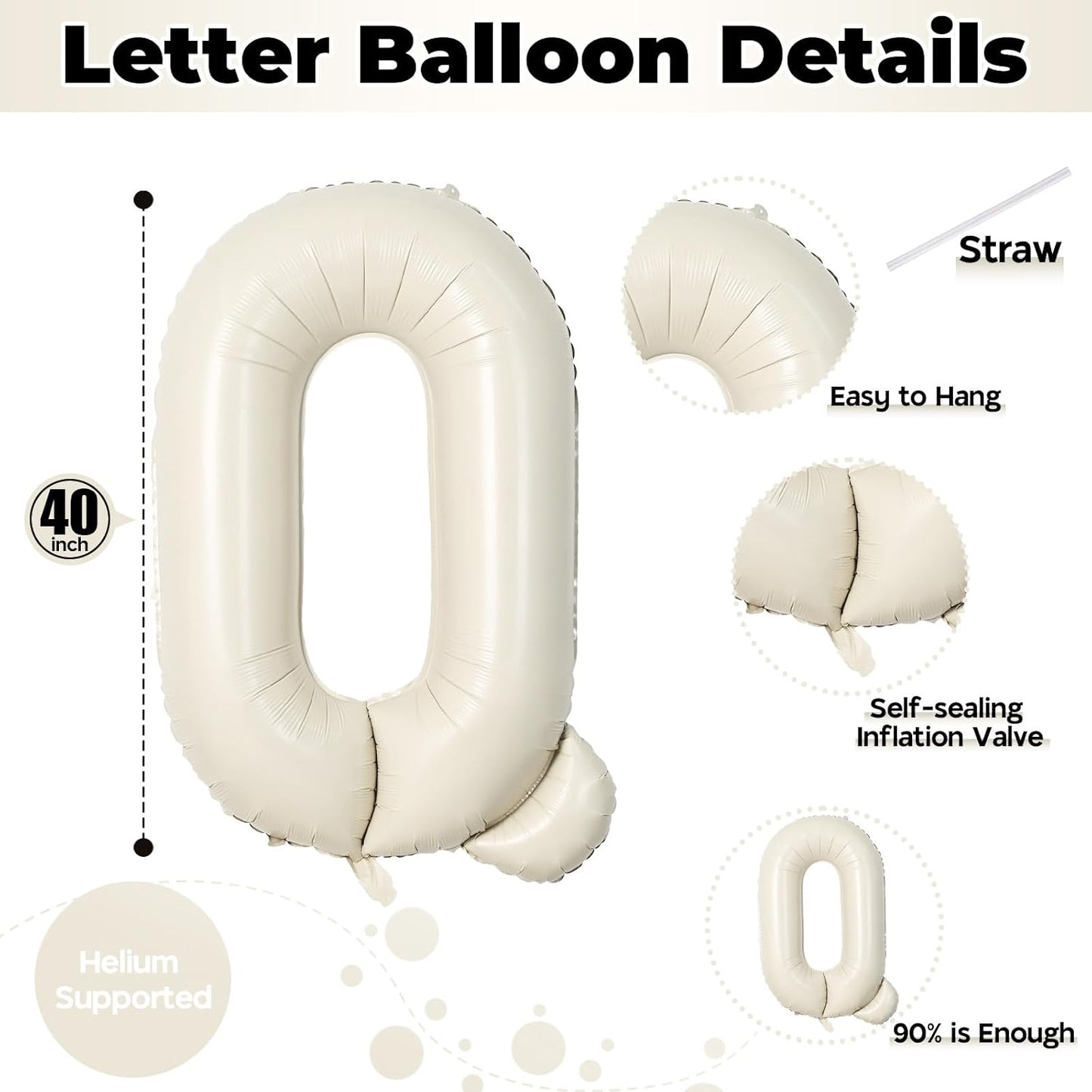 Cream Q 40 Inch Alphabet Foil Name Balloon - Large Self Inflating Letter for Girls Birthday Party, Baby Shower Decoration - White Sand Mylar Helium Custom Beige
