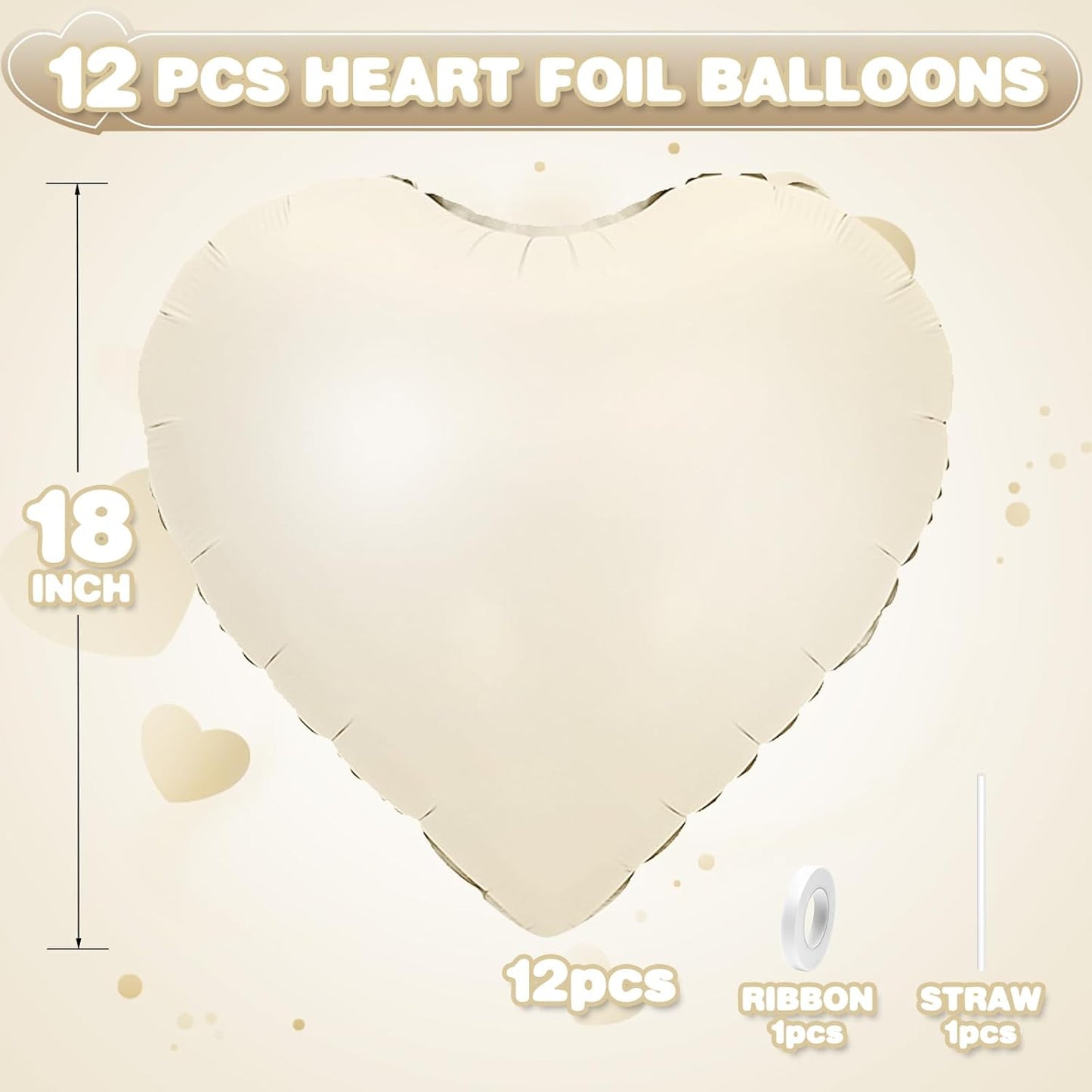 Cream White Heart Balloons,12Pcs Sand White Heart Shaped Foil Balloons,18Inch Beige Helium Polyester Film Balloon for Baby Shower Birthday Anniversary Wedding Party Decorations