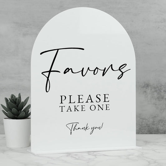 White Arch Acrylic Wedding Sign- 8"x10" Favors Sign and Base,1/8" Thick | Modern Calligraphy Arched Acrylic Favors Sign for Wedding & Party