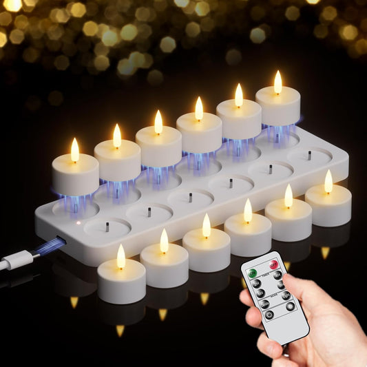 Rechargeable Tea Lights Candles Battery Operated, 12 Pcs White Battery Tea Lights with Remote and Charging Base, LED Flickering Tealights for Halloween Fall Christmas Decoration