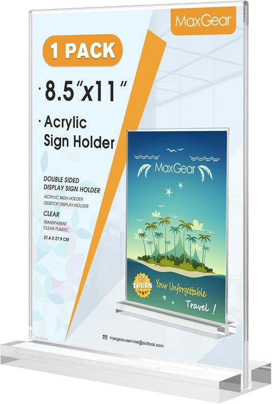 MaxGear Acrylic Sign Holder 8.5 X 11 Inches 1 Pack, Double Sided Plastic Display Stands Table Top Acrylic Frame, Clear Paper Holder Menu Flyer Stand for Stores, Restaurants, Hotels, Office