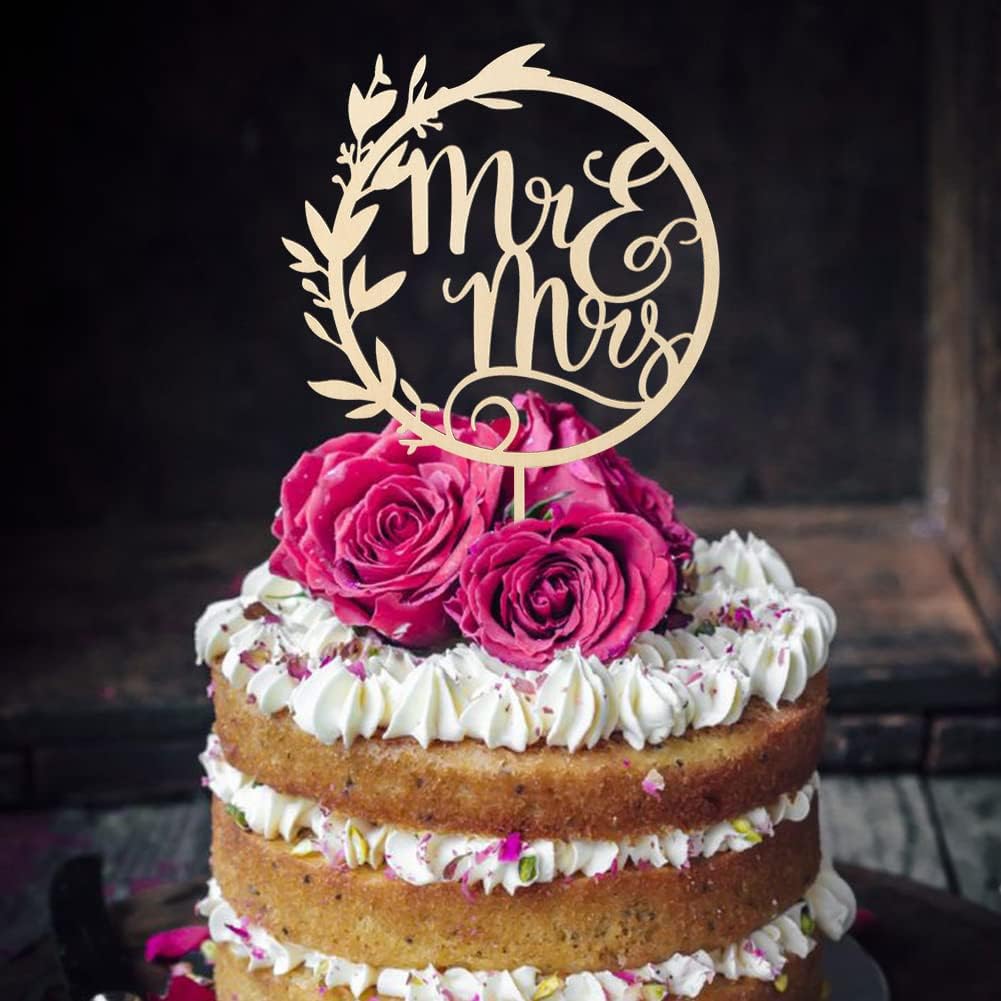 Mr & Mrs Cake Toppers - Engagement & Bridal Shower Cake Picks - Wooden Bride & Groom Decoration
