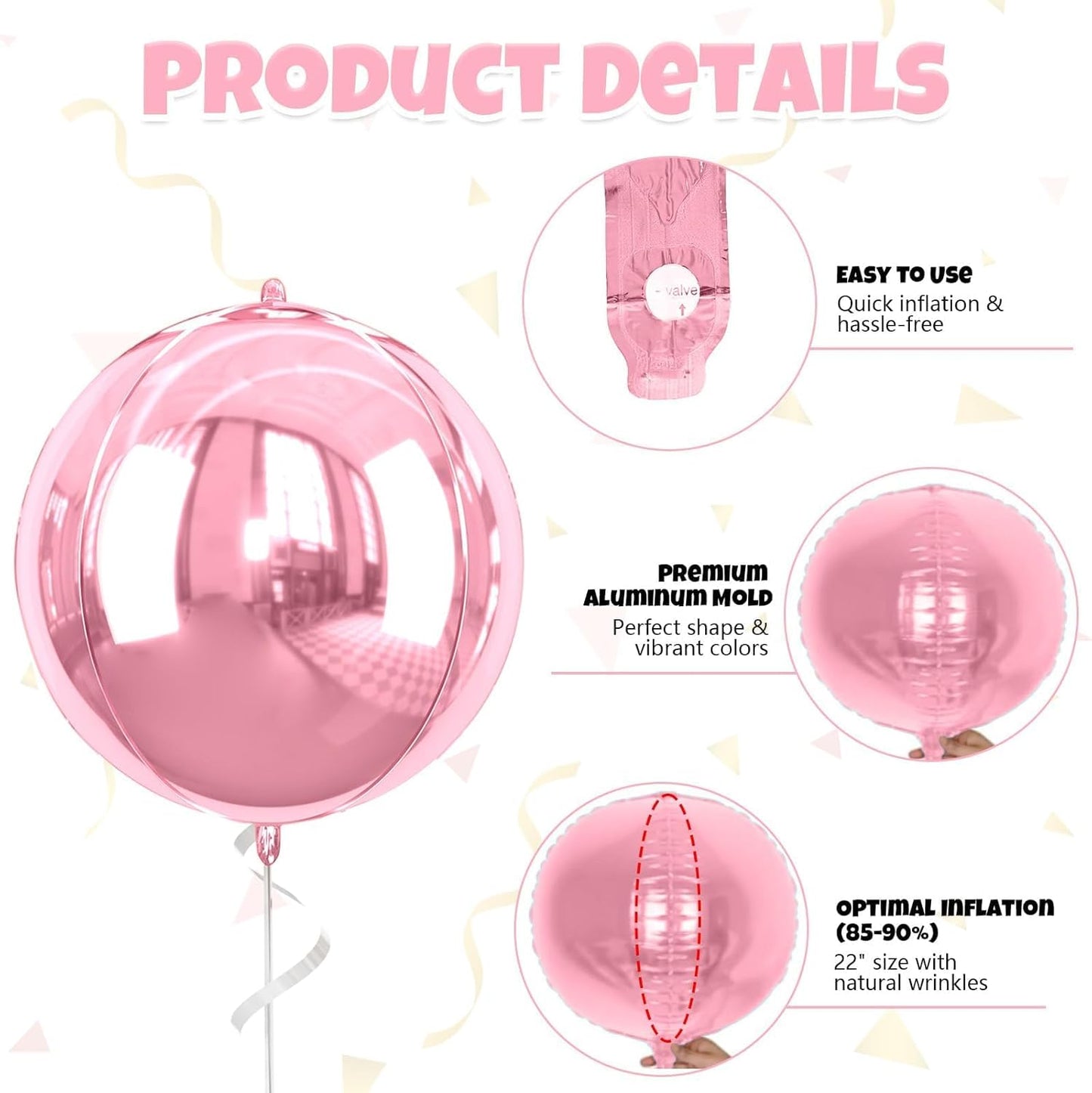 Giant 4D Pink Foil Balloons, 6Pcs Large Metallic Pink Round Balloons, 22 Inch Big Round Foil Balloon for Pink Birthday Party Baby Shower Wedding Decorations