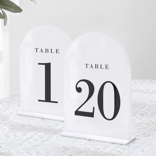 UNIQOOO White Arch Wedding Table Numbers with Stands 1-20, 5x7" Acrylic Signs and Holders, Perfect for Centerpiece, Reception, Decoration, Party, Anniversary, Event