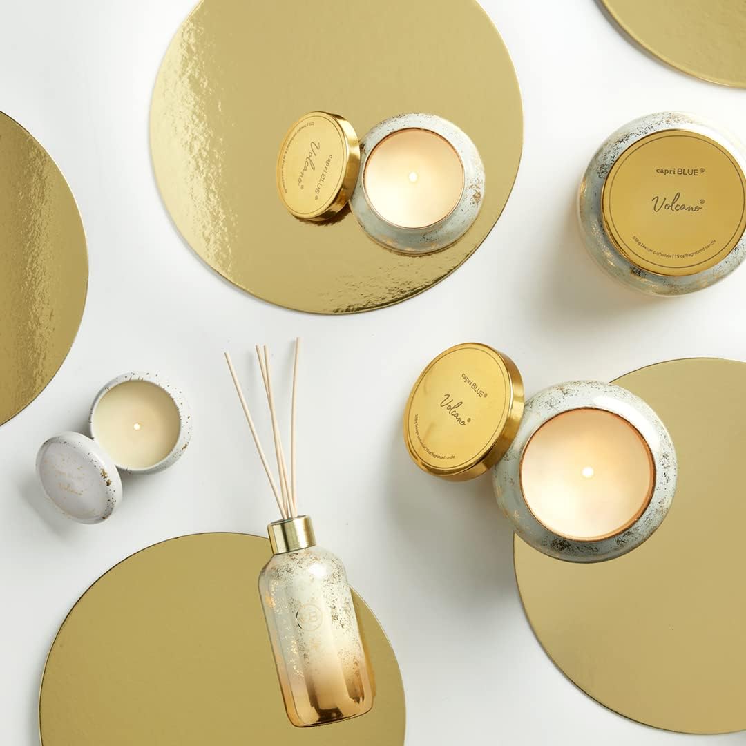 Capri Blue Glimmer Mini Tin - Volcano Scented Candle with Mini Tin Candle Holder - Soy Wax Blend - White and Gold (3 oz)