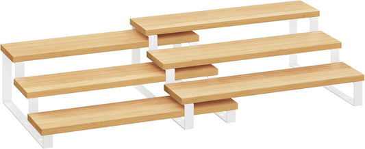 SONGMICS Display Risers, Set of 2 Engineered Wood Perfume Organizer Stand, 3-Tier Cupcake Stand Holder, Spice Rack, Shelf Risers for Figures, Dessert Shelves, Natural Beige and Cloud White UKCS016N02