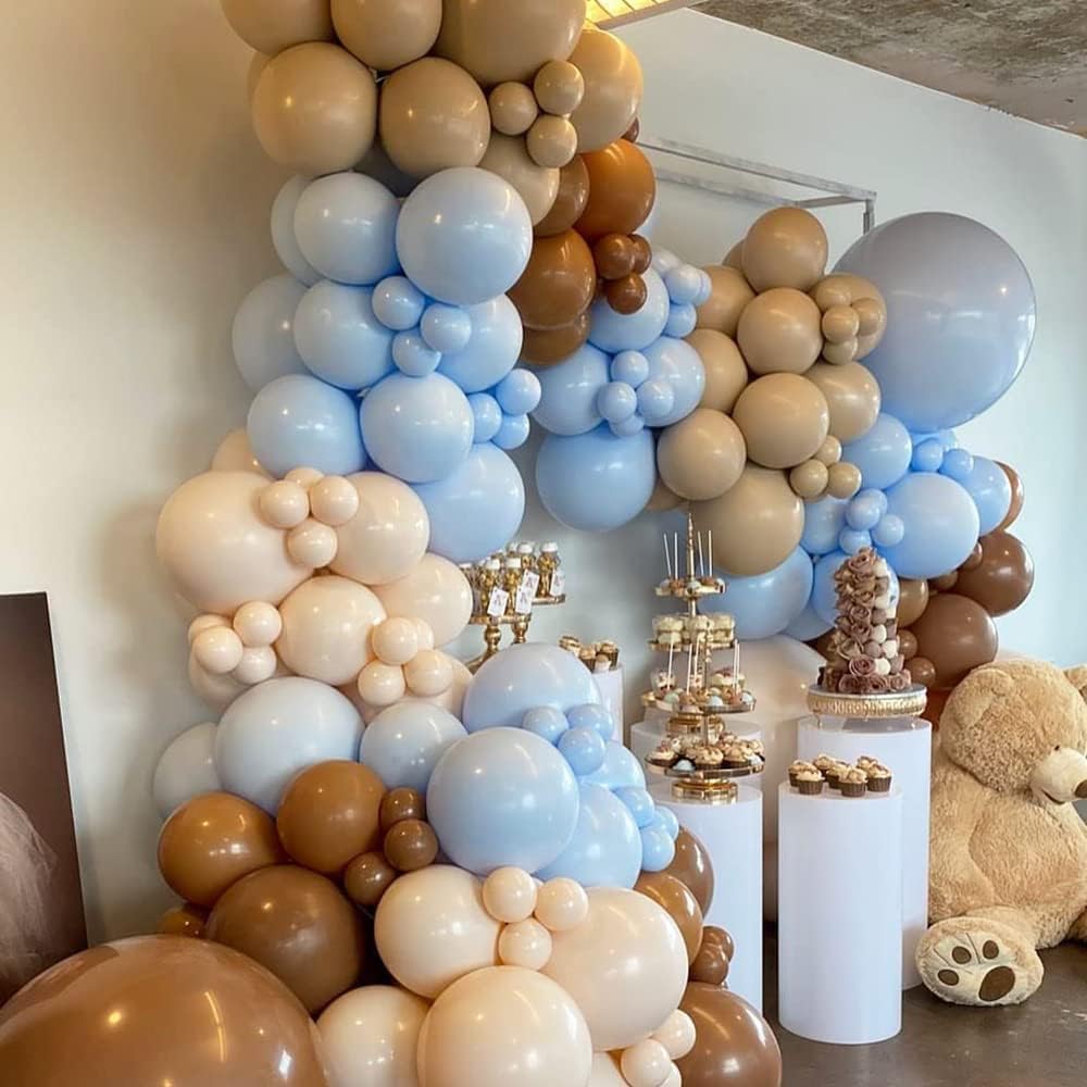 Blue Brown Balloons Set, 60 PCS Slate Blue Macaron Blue Cream Beige Party Balloons and Retro Brown Coffee Latex Helium Balloon, for Baby Shower, Bear, Jungle and Boho Theme Party Decoration