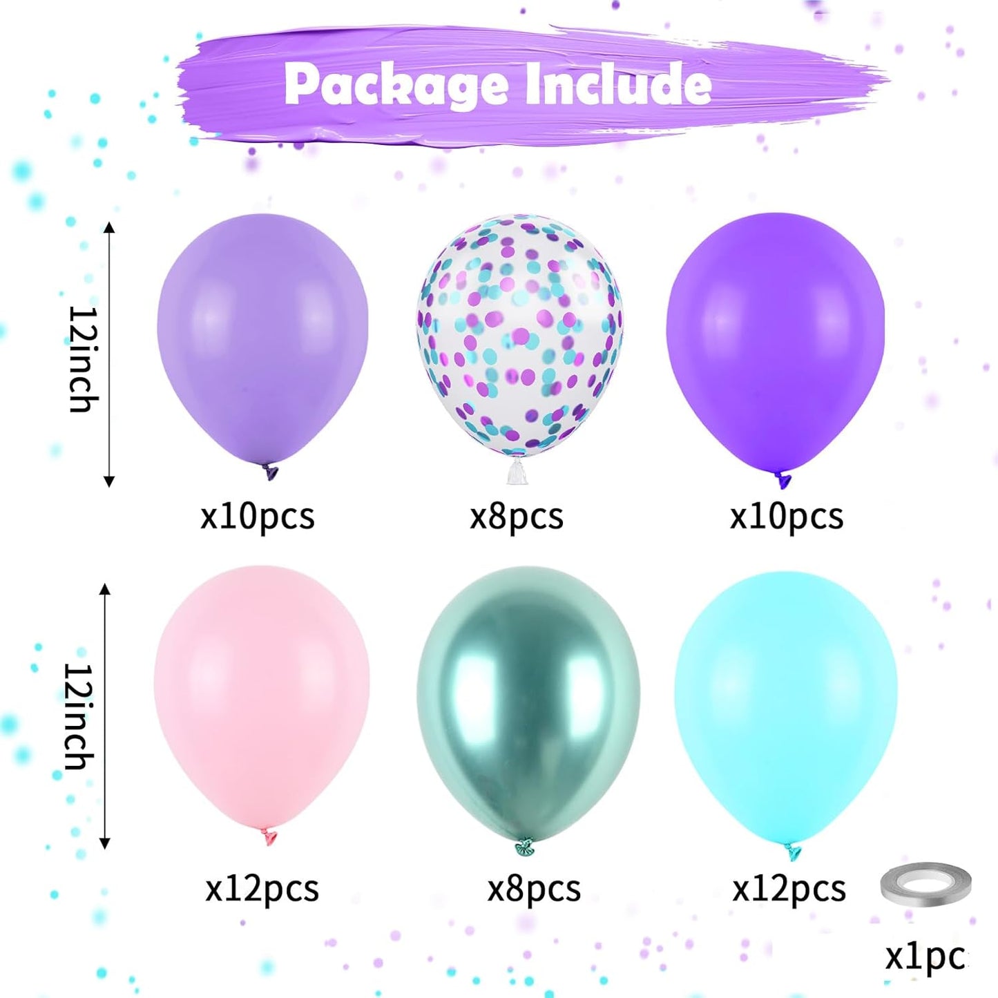 Mermaid Balloons, Purple and Teal Balloon Pastel Pink and Purple Party Decorations Metallic Green Teal Blue Confetti Balloons for Girls Kids Mermaid Theme Birthday Wedding Baby Shower