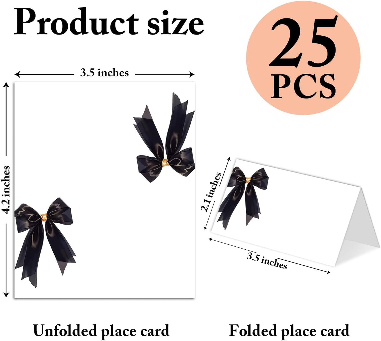 25 Pack Black Bow Place Cards, Editable Name Cards for Table Setting, Tent Cards Food Label for Dinner Party, Bridal Shower, Wedding, Baby Shower and Events -T29
