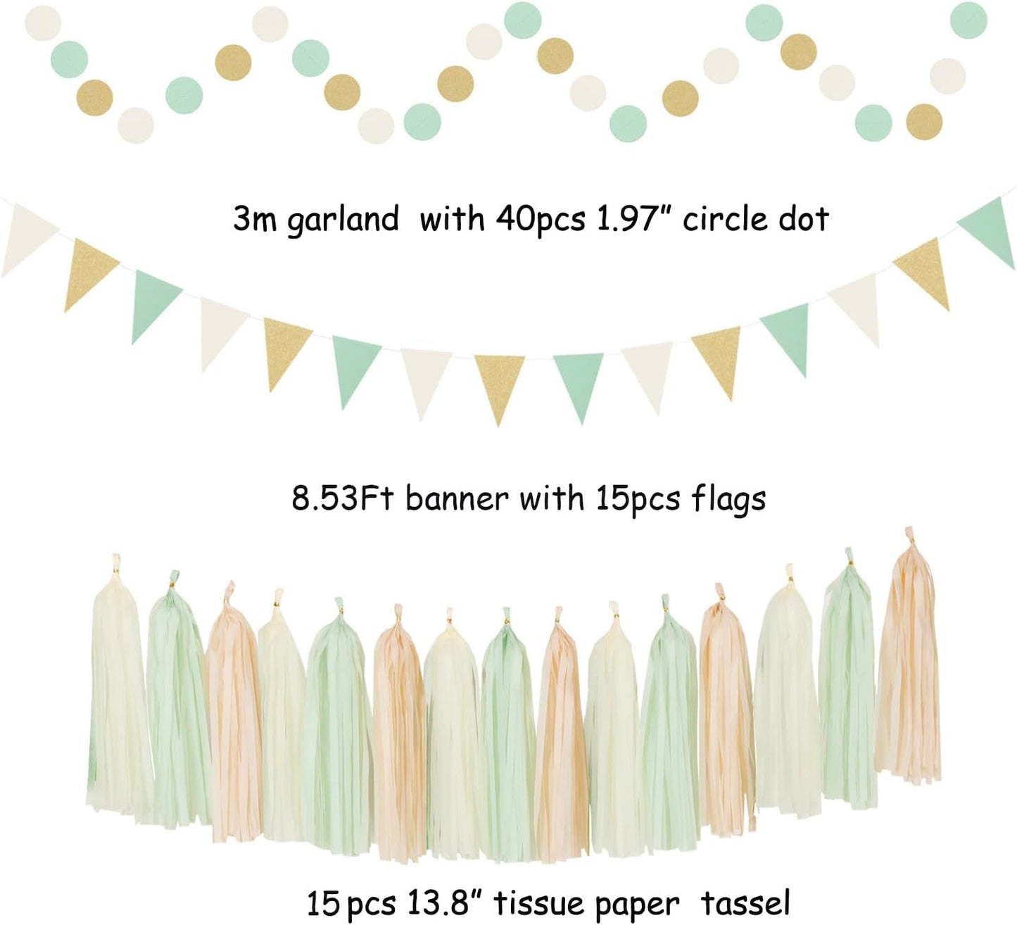 Sage-Green Beige Champagne-Gold Party-Decorations - 33pcs Neutral Women Birthday Baby Shower Banner,Streamers Tassel Garland,Tissue Pom Poms,Paper Lantern Fans,Boho Wedding Bachelorette Decor Hugtmr