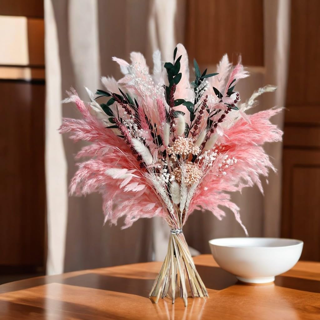 Pink Pampas Grass Dried Flowers Bouquet for Home Decor, Wedding Decor, Boho Style Floral Arrangement Without Flower Vase