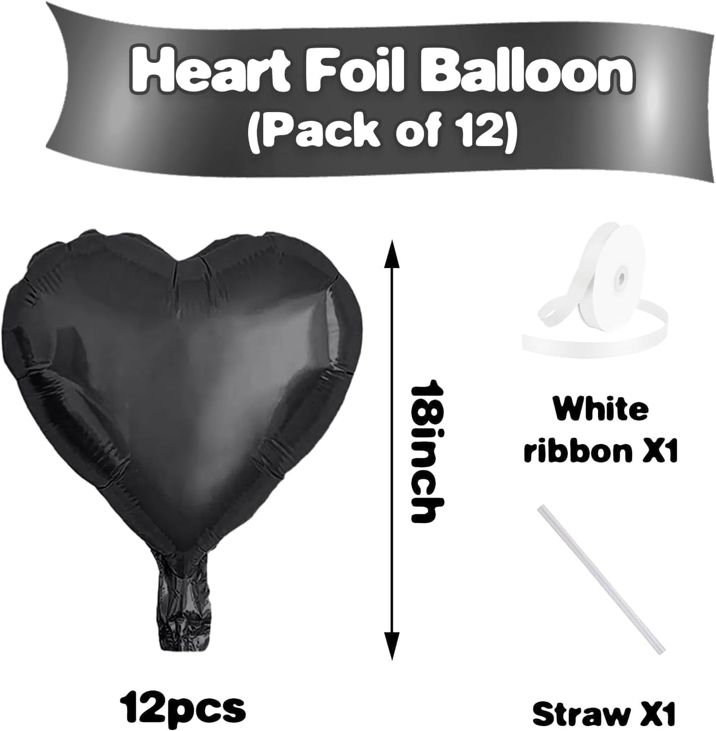 Black Heart Balloons,12Pcs 18 Inch Black Foil Love Heart Shaped Balloons for Valentines Day Birthday Party Wedding Engagement Anniversary Celebration Baby Shower Decorations