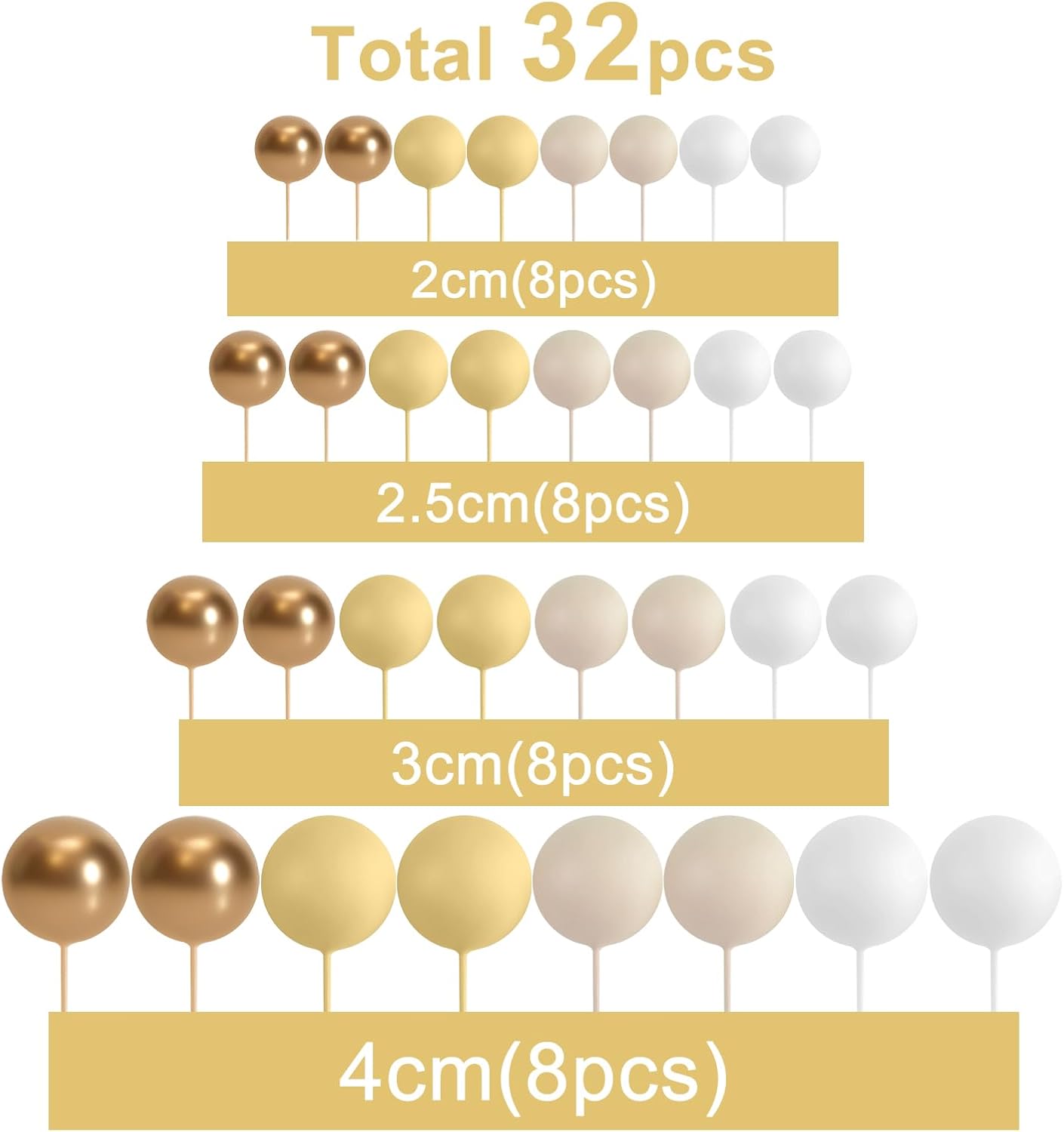 ASTARON 32 Pcs Ball Cake Topper Decorations Mini Balloons Cake Topper Sticks Foam Balls Cake Picks Cake Topper Balls Cake Decorations for Wedding Party Birthday Cake Decorations (Yellow Gold)