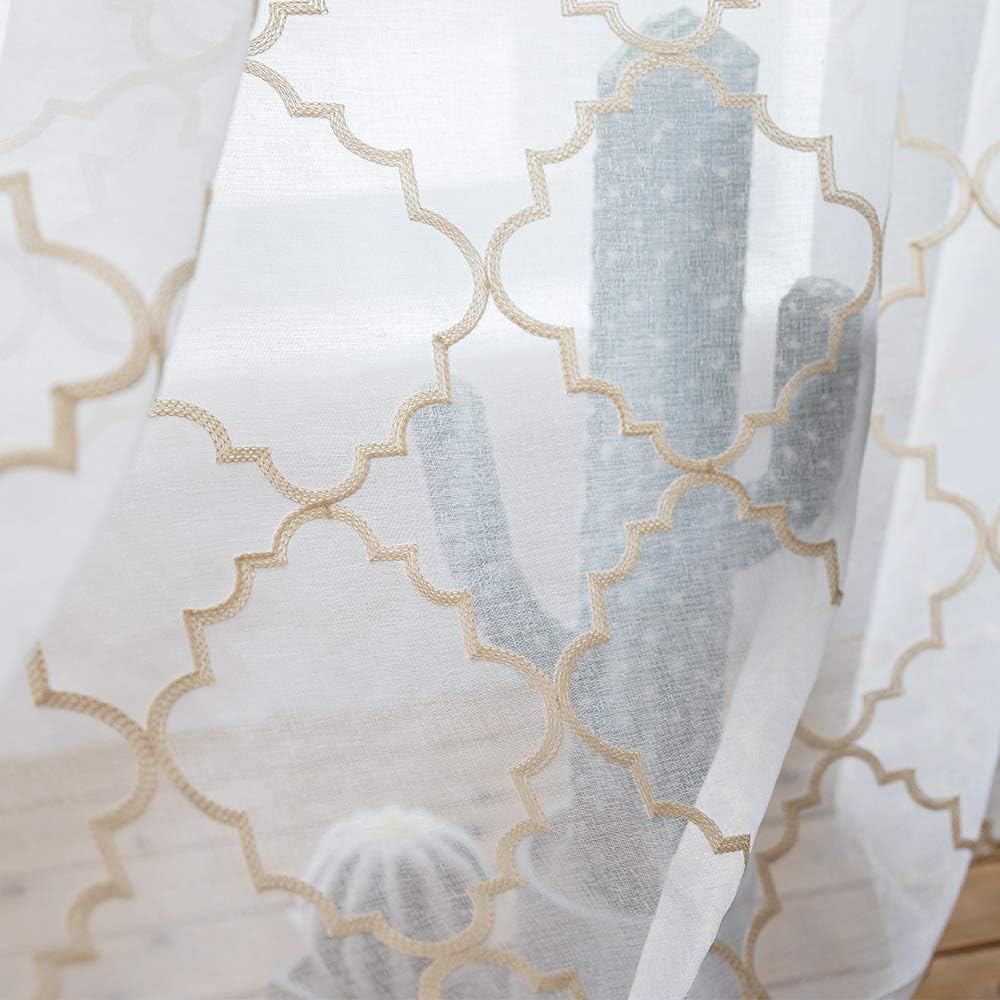 Sheer Curtains Beige 63 Inches, Rod Pocket Voile Drapes for Living room, Bedroom, Embroidered Moroccan Tile Lattice Design Window Semi Crinkle Curtain Panels for Yard, Parlor, Set of 2, 52"x 63".