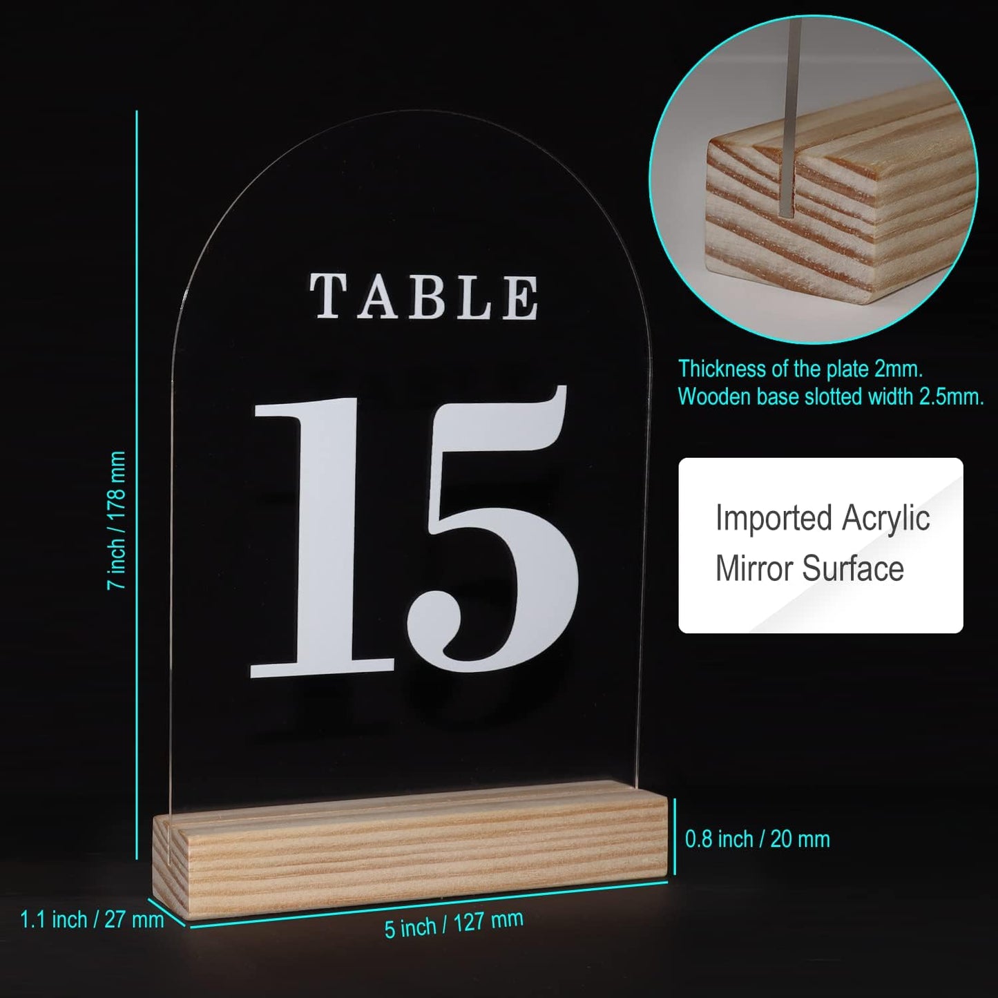 Clear Acrylic Sign with Wooden Stand Table Numbers DIY, 10 Pack Acrylic Sheets Table Signs for Wedding, 5x7 Inch Arch Signs Blank for Restaurant Party Bridal Shower (No printing included)