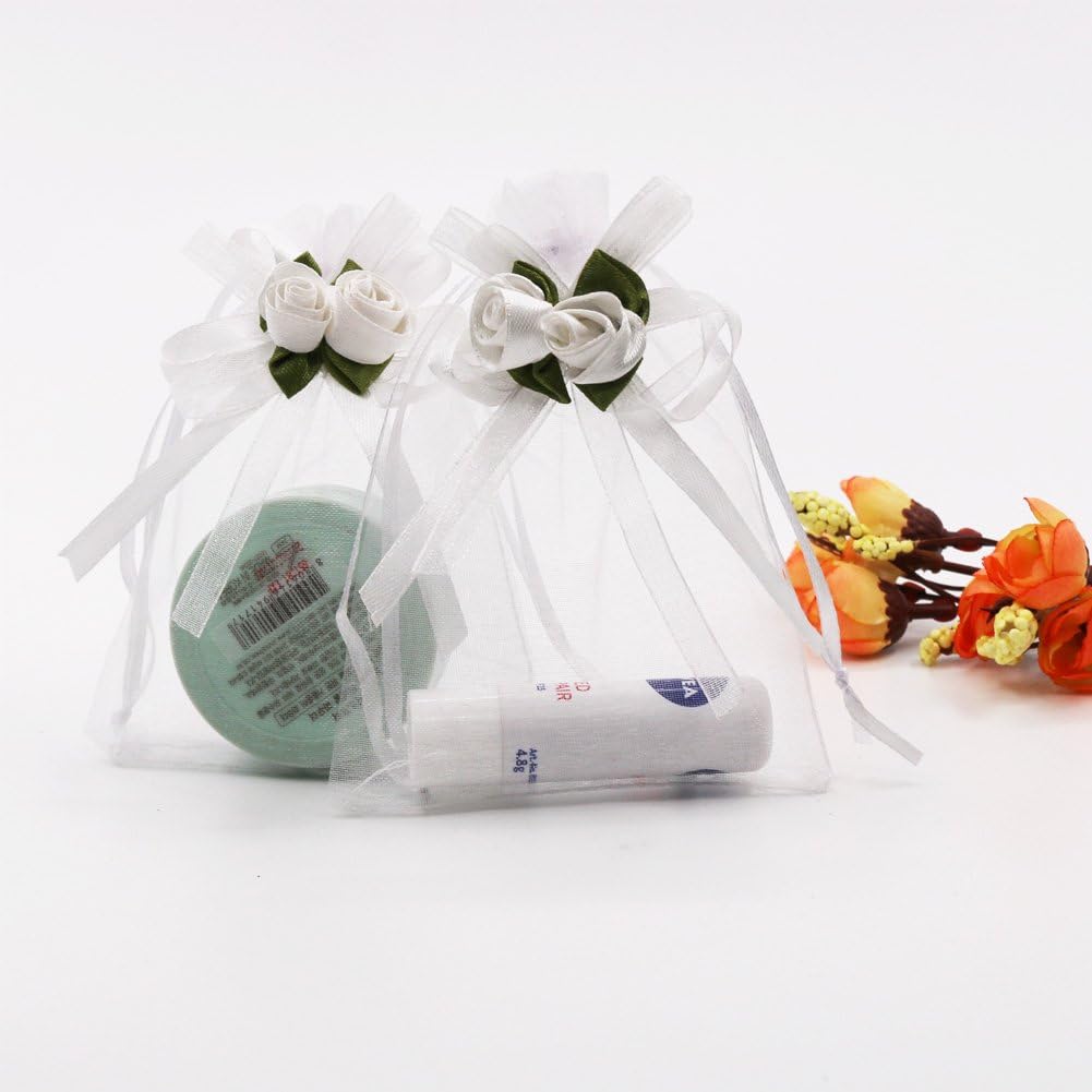 SumDirect Rose Organza Gift Bags - 50Pcs 4x5 inch White Wedding Favor Gift Bags, Jewelry Pouches with Drawstring for Party Wedding Christmas Valentine
