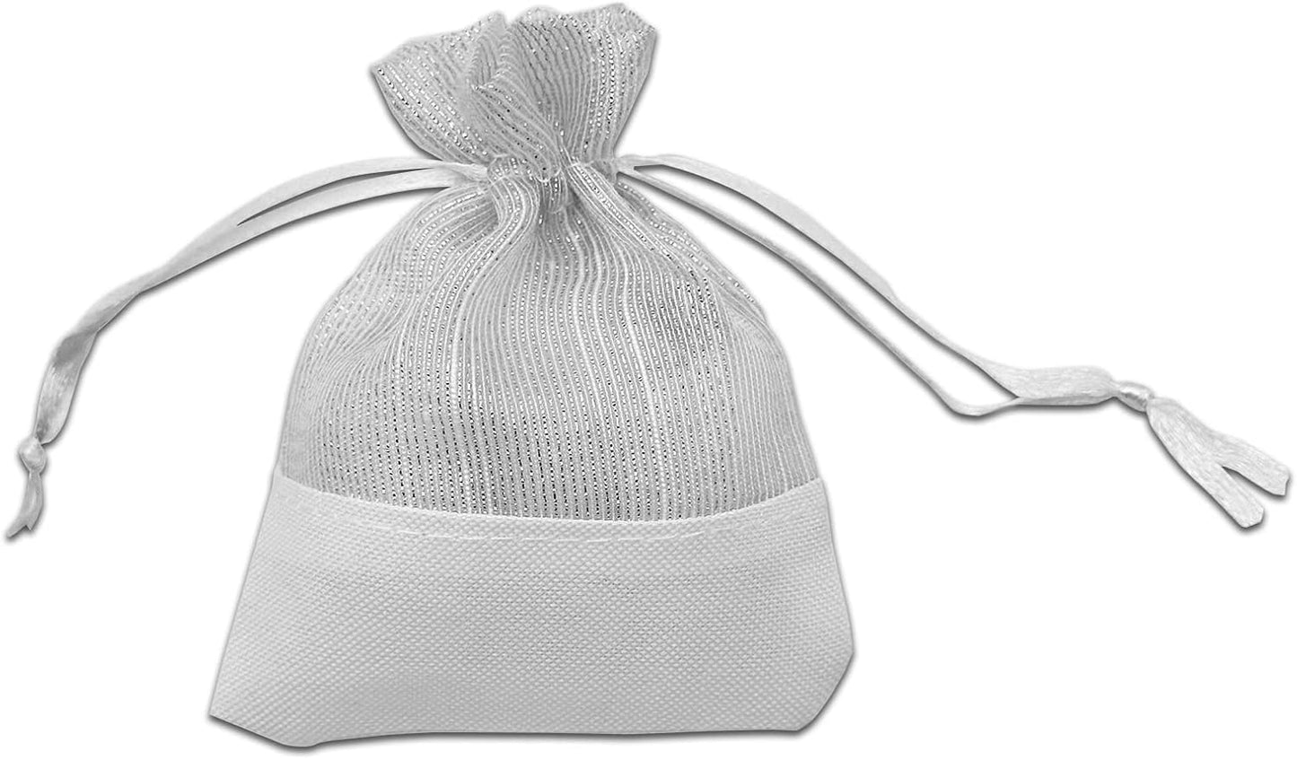 TheDisplayGuys For Your Modern Living 24-Pack Linen & White Organza Gift Bags with Drawstrings (XSmall 3 x 4) - Party Favors, Samples, Treats Mesh Pouches