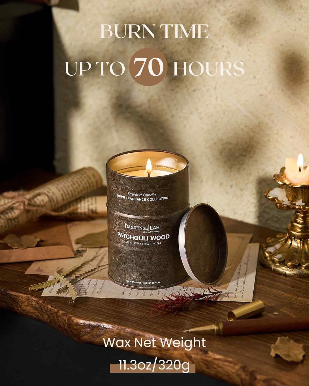 M&SENSE Patchouli Wood Scented Candles Natural Non Toxic, Aromatherapy Candle for Stress Relief Meditation Relaxing, Housewarming Gifts for Women Men, 11.3oz 70 Hour Long Burning