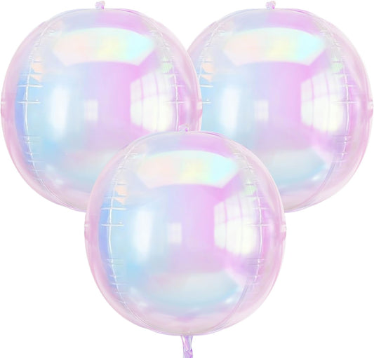 3Pcs Iridescent 4D Balloons, 32in Holographic Round Ball Balloon, Giant 4D Clear Rainbow Foil Balloon for Birthday Baby Shower Mermaid Rainbow Wedding Party Decorations