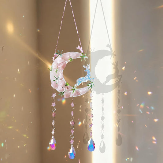 TUOKING Crystal Suncatchers for Window Green Deer Pink Dreamy Crystal Natural Stone Sun Catchers Rainbow Maker Ornament Gift Home Garden Decoration
