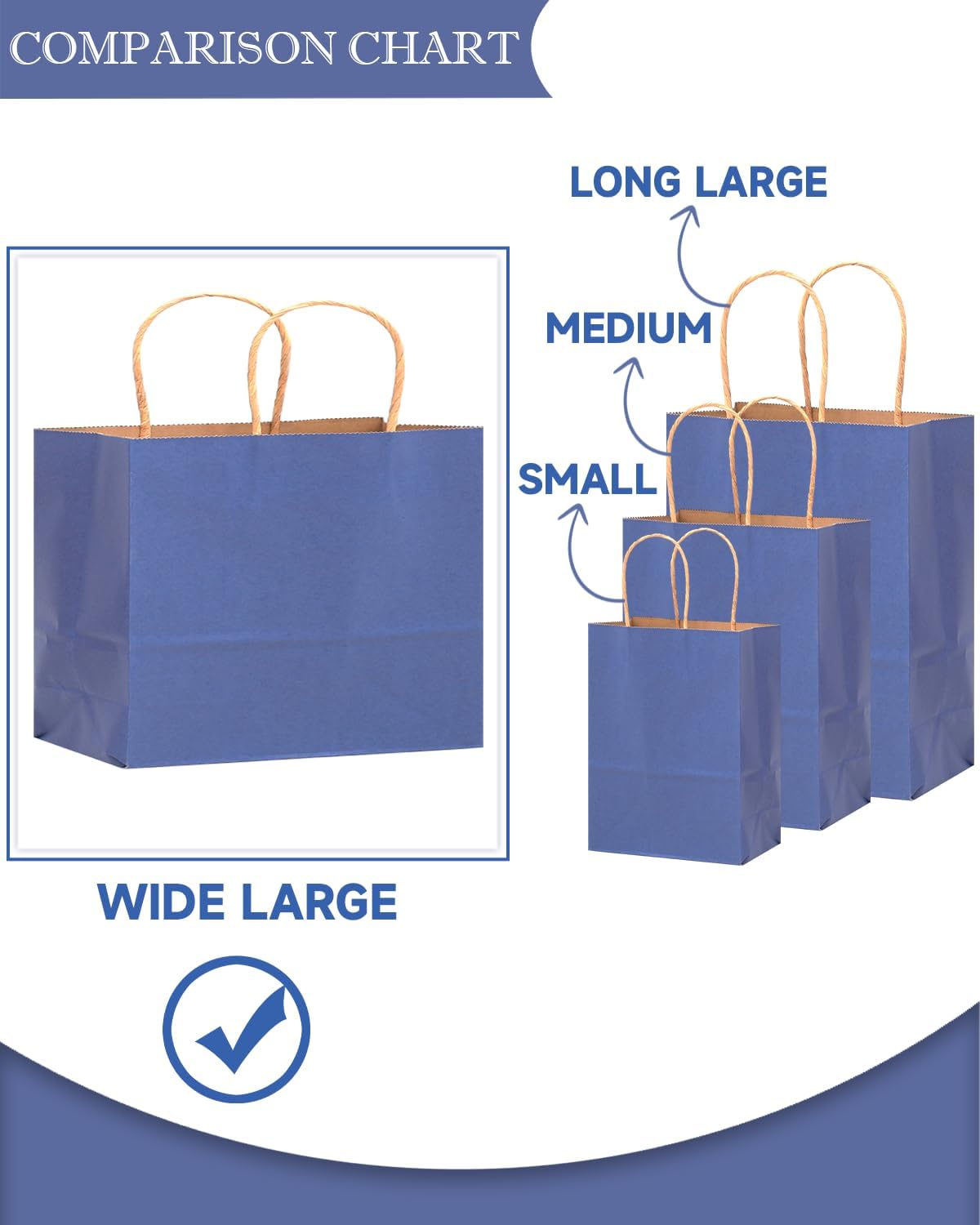 qiqee 100PCS Large Gift Bag with Handles Bulk 13"x4.5"x10" Gift Bags Kraft Deep Blue Multiple Uses (32x11x25cm,Wide Large)