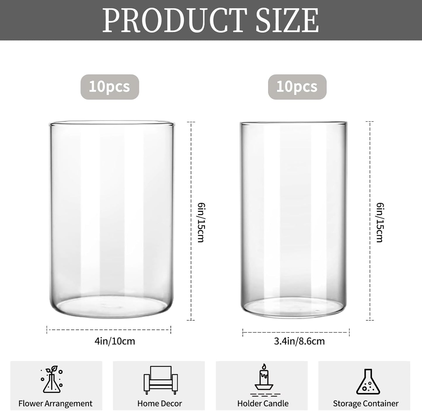 CEWOR 20pcs Flower Vases for Centerpieces, 6 Inch Glass Cylinder Vase Clear Vases Candle Holder for Floating Candles Home Table Decor Wedding Party, 2 Diameters