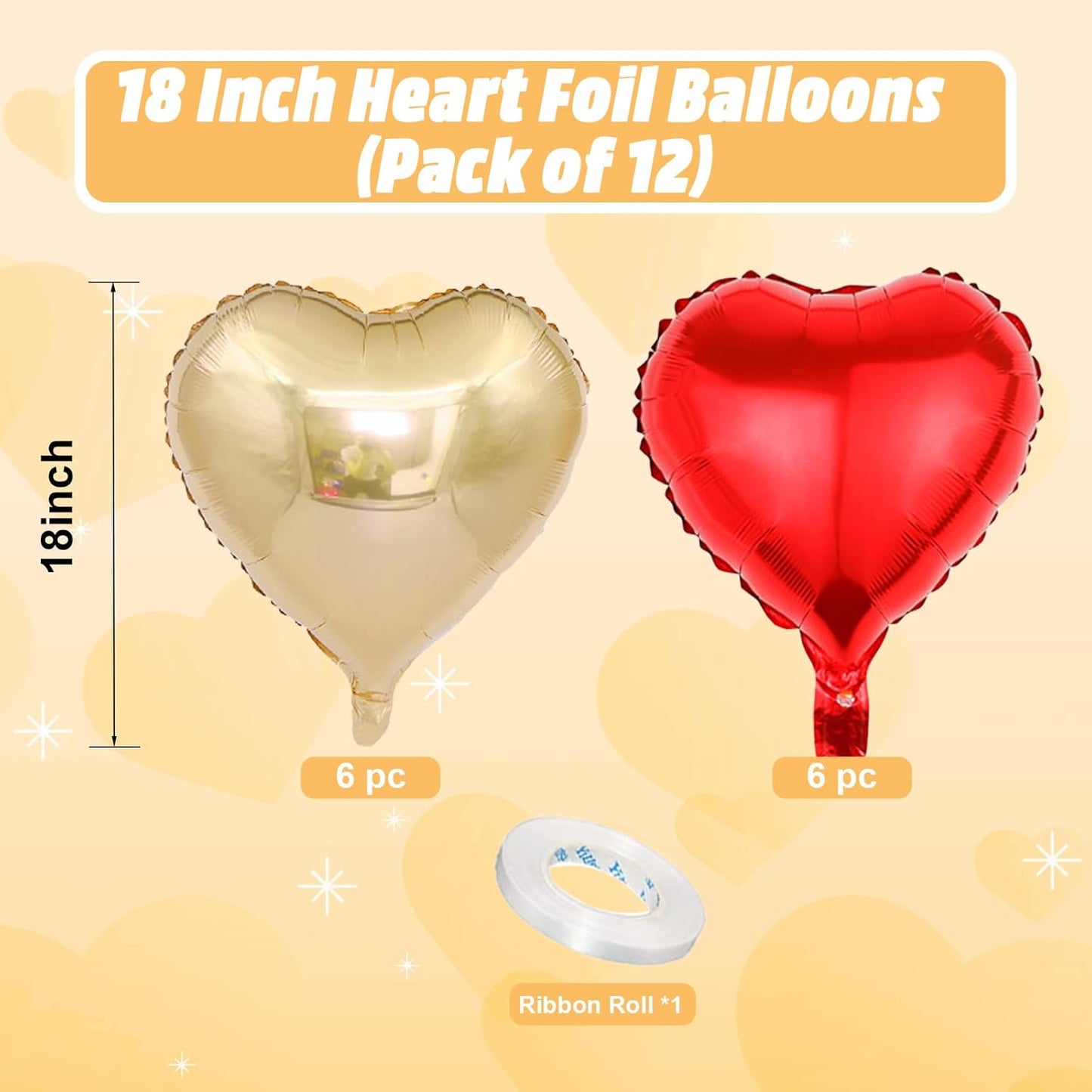 Red Gold Heart Balloons, 18 Inch Red and Champagne Gold Heart Shape Balloons, 12PCS Large Heart Helium Foil Love Balloon for Birthday Baby Shower Engagement Wedding Party Decorations
