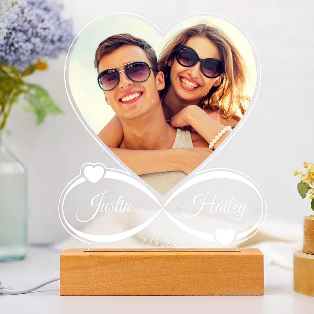 Custom Picture Frame with Photo, Personalized Photo Frame with Night Light, Customized Picture Frames, Personalized Anniversary Couple Gifts for Women Men Her Him Girlfriend Boyfriend
