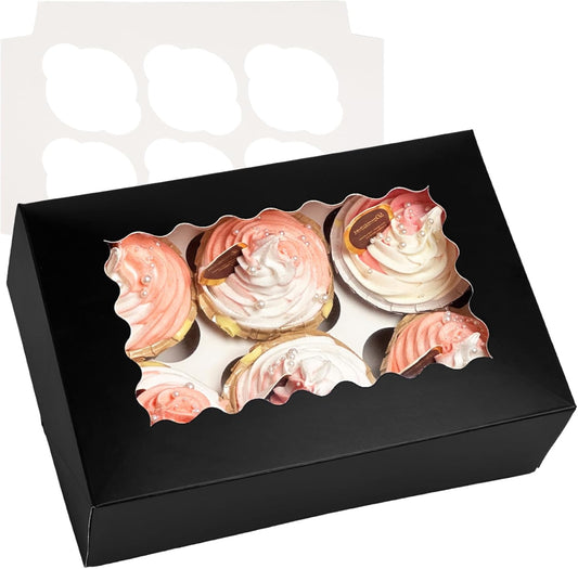 Bakepacker Auto-pop up 6 Cupcake Boxes with Window 20 Count Black Box 9.4 x 6.1 x 3 inch Cupcake Carrier