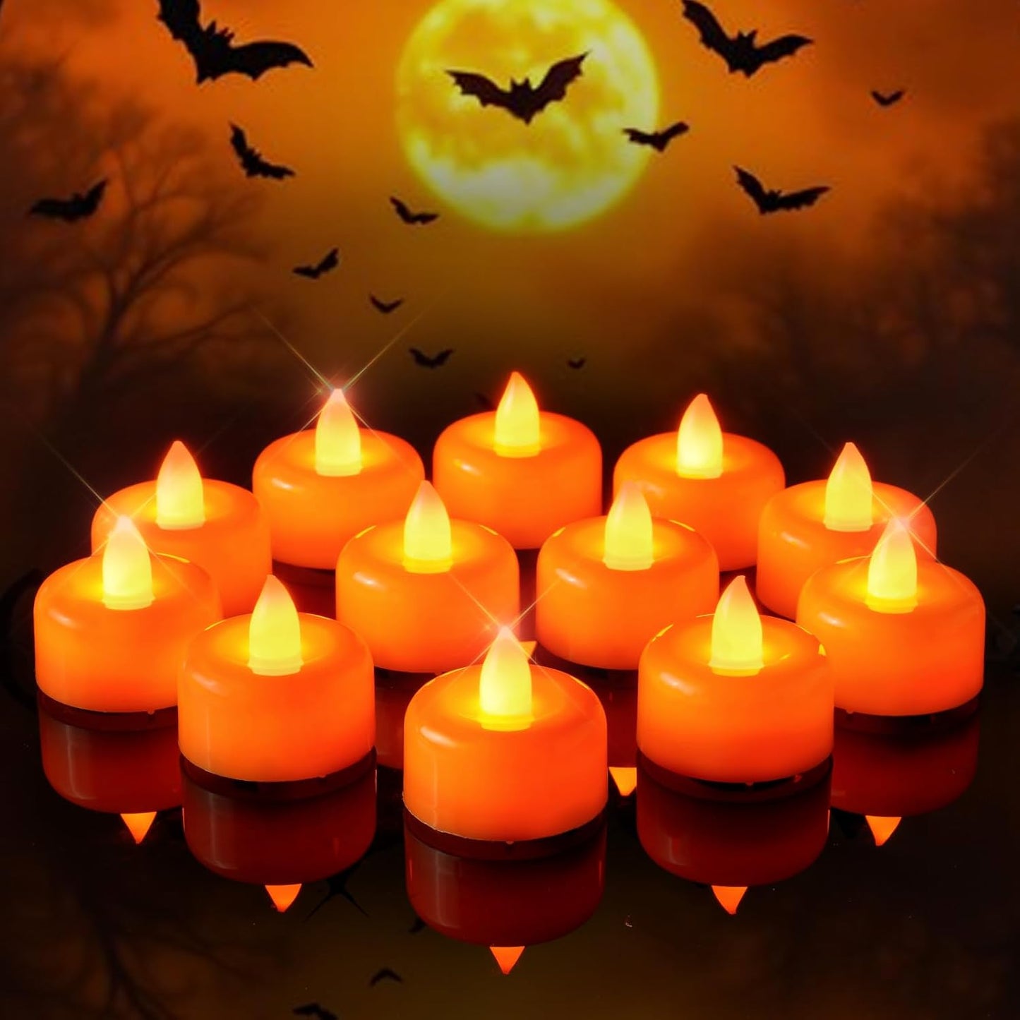 Amagic 12 Pack Halloween Orange Flameless LED Tea Lights Candles Battery Operated, Electric Fake Tealight Candles for Votive, Wedding, Table Centerpiece, Party, Holiday Decor, Christmas