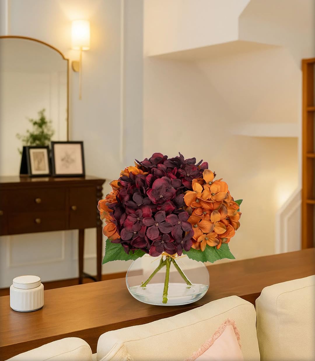 Hollyone Fall Hydrangea Artificial Flowers for Decoration with Glass Vase Dark Red Orange Autumn Silk Faux Flower Arrangements with Faux Water Fake Bouquet Table Centerpiece Fall Decorations for Home