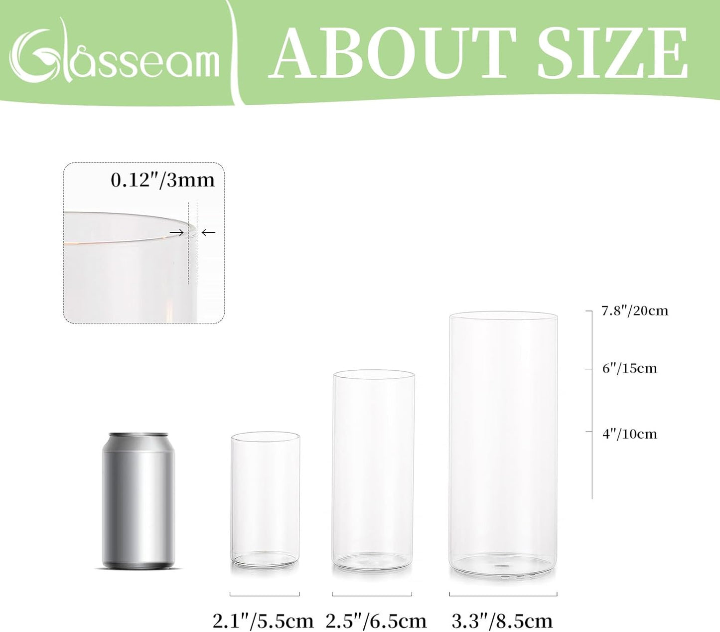 Glasseam Cylinder Vases Set of 12, Hurricane Candle Holder Clear Different Sizes, Modern Glass Cylinder Vase, Glass Vases for Centerpieces for Home Decor Wedding Centerpieces, Events, 4''+ 6''+7.8''
