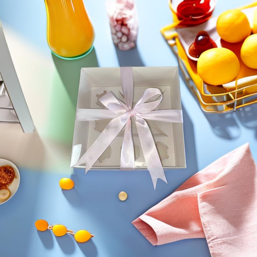 Bento Cake and Cupcake Box 2-in-1 4-inch Cake and 5 Cupcakes Box 5 Sets with One Wide Roll of Ribbon for Family Dinner Birthday Party Picnic Gift (faskdfh)