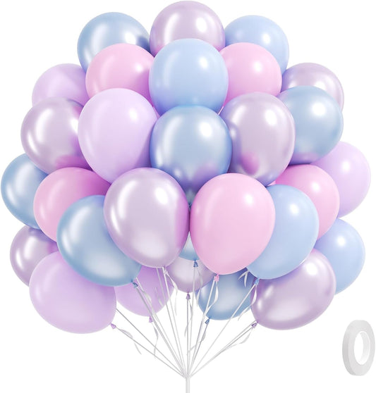 60pcs Pearl Pink and Blue Purple Balloons 12inch, Frozen Mermaid Balloons with Pastel Balloon for Mermaid Snowflake Baby Shower Birthday Party Decorations
