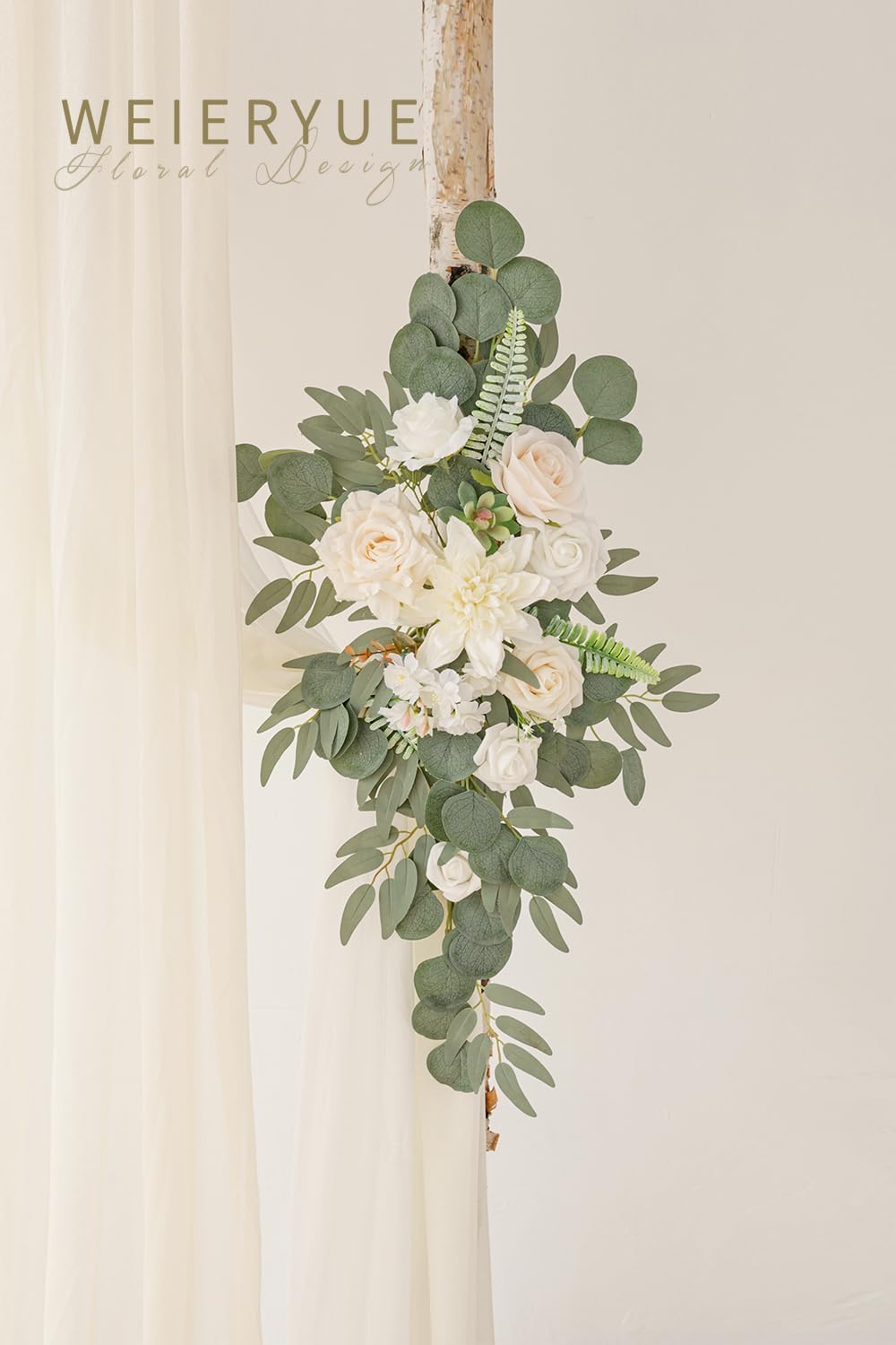 Deluxe White Artificial Wedding Arch Flowers with Drapes Kit-Pack of 5, 2pcs Flower Arrangements 3pcs Hanging Sheer Drapes White Ceremony Arbor Reception Backdrop Rose Floral Decorations.