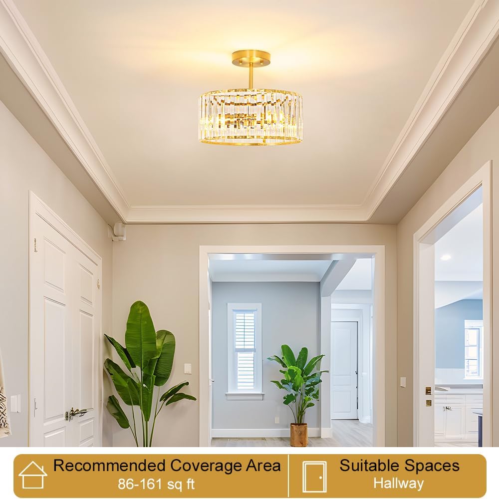 Modern Crystal Ceiling Light, Brushed Gold Semi Flush Mount Ceiling Lighting Fixture, Brass Hallway Light Fixtures Chandelier for Kitchen, Bedroom Dining Room Hallway Closet, 3-Light, 12 Inch