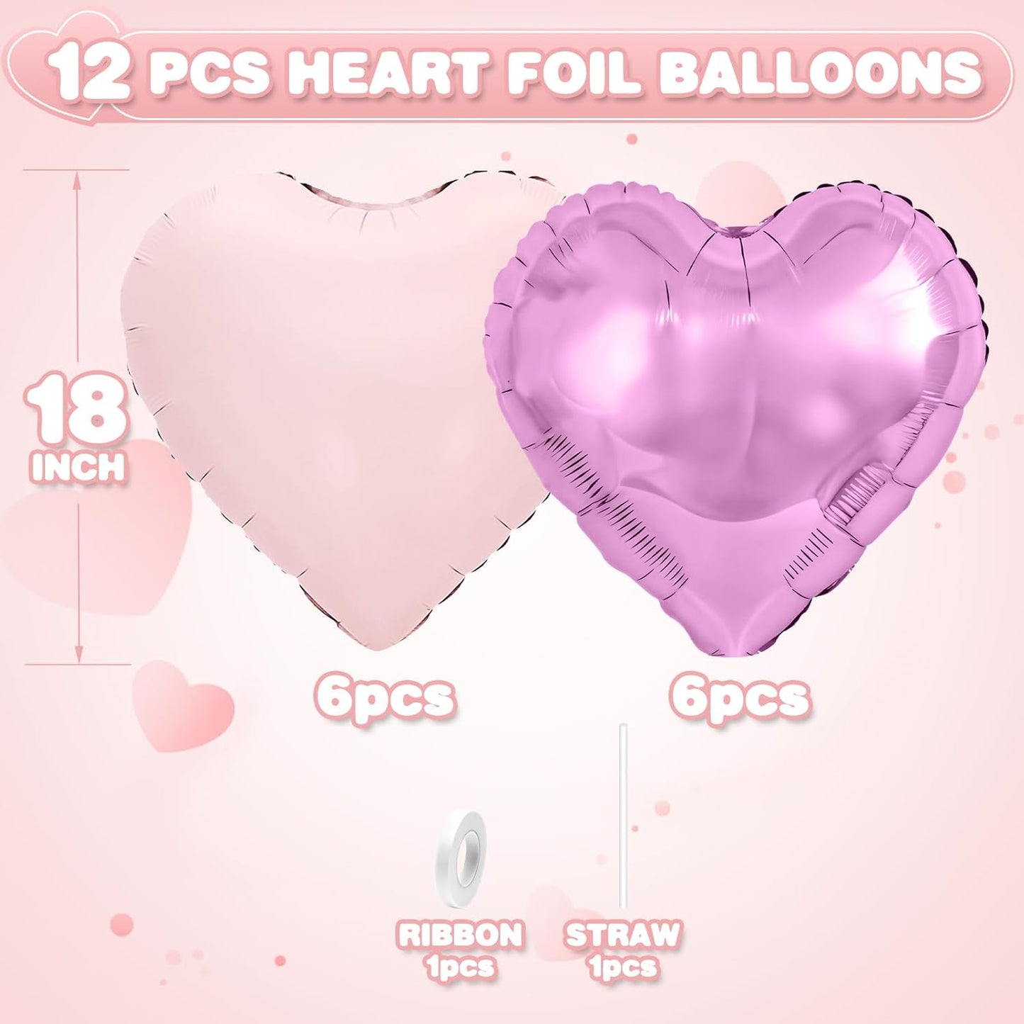 Pink Purple Heart Balloons,12Pcs 18Inch Baby Pink Cream Purple Heart Shaped Foil Helium Balloons for Baby Shower Birthday Anniversary Wedding Engagement Party Decorations
