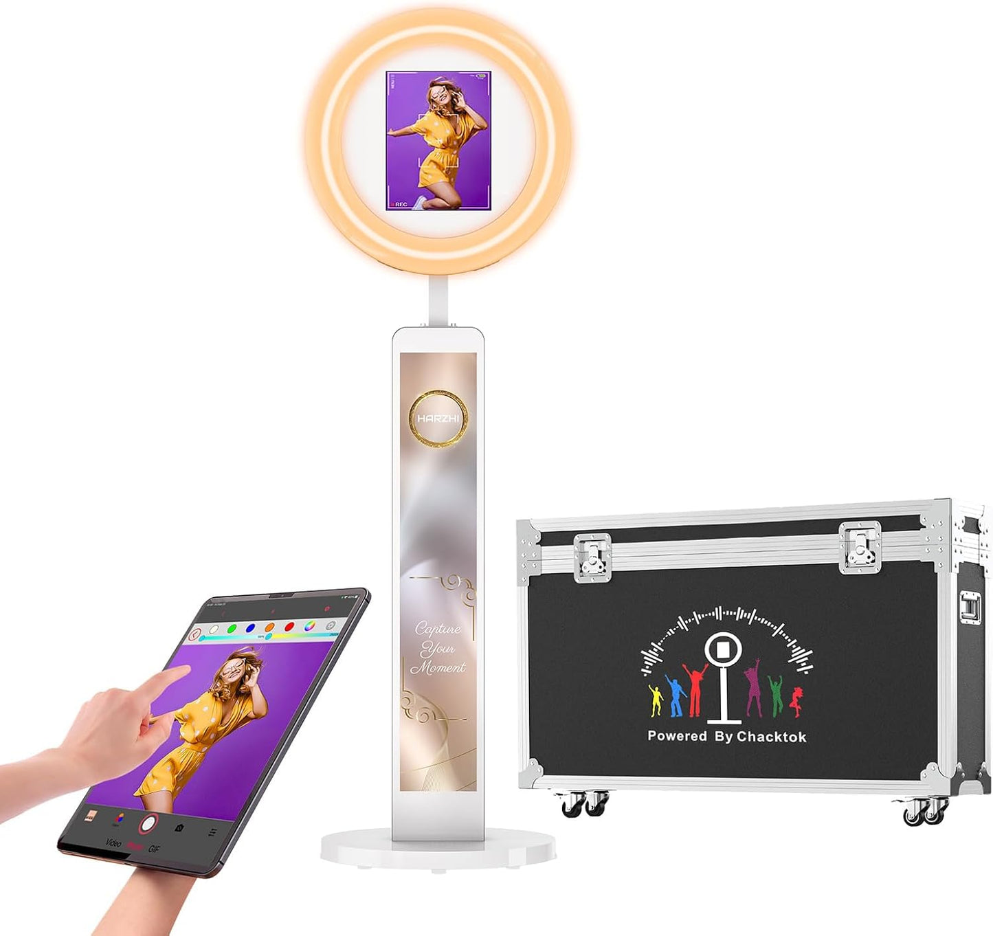 HARZHI Portable Photo Booth Compatible with Ipad 12.9in 10.9in 10.2in, for Ipad Photo Booth Shell Stand Stand Provide Chacktok PhotoBooth Software for Party and Wedding, Flight Case