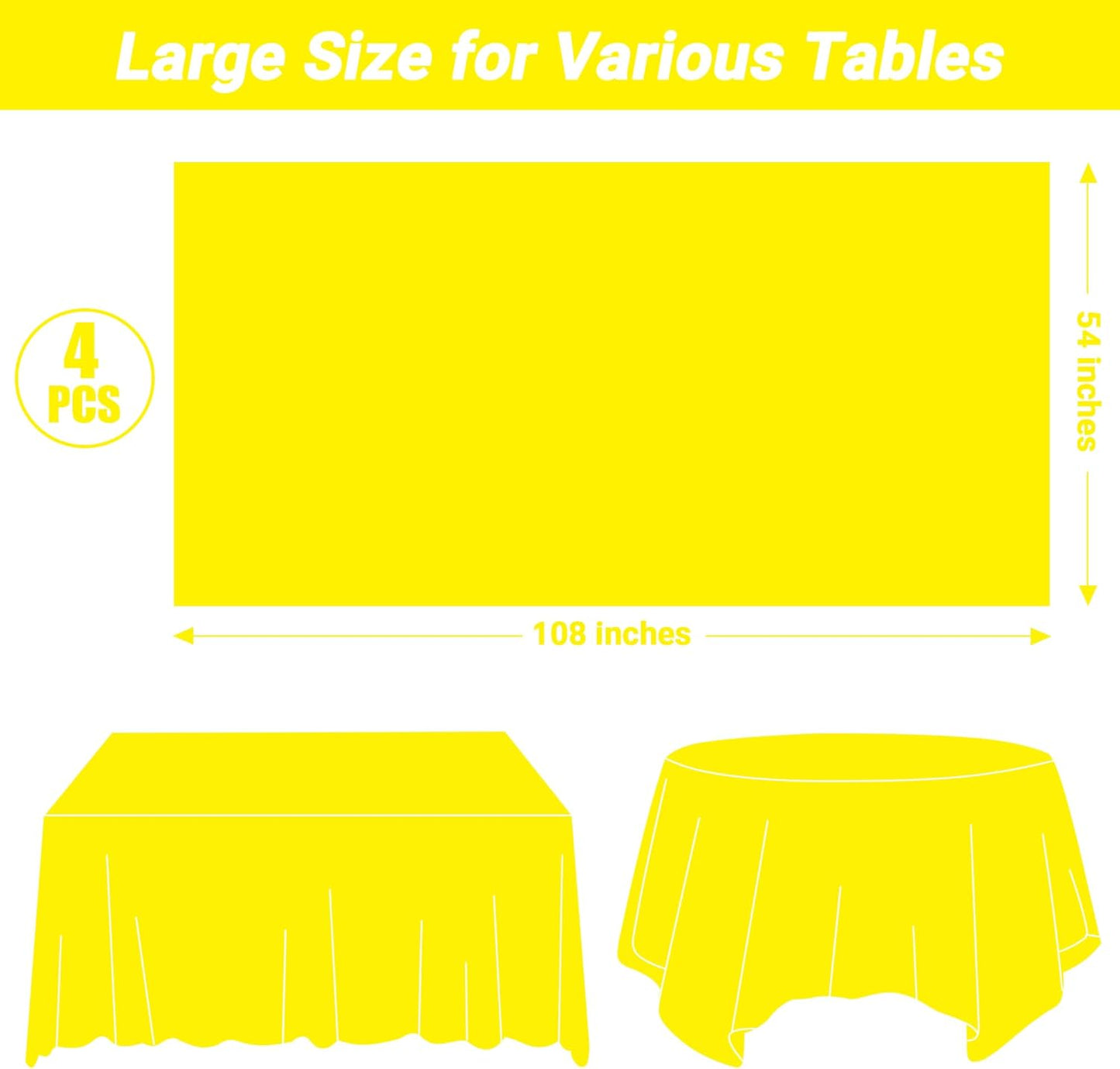 QZYL 4 PCS Rectangle Tablecloth, 54 x 108 Inches Congratulations Decorations of Picnic Table Cover, Robust Yellow Table Cloth for Restaurant Party, Plastic Table Cloth of Leakproof and Waterproof