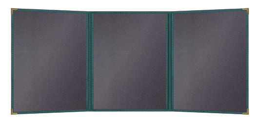 Goodsmart Pajco Style Restaurant Menu Covers – Pack of 10, Side-Load Fold-Out Menu Holders, Single Stitched Edge Clear Vinyl Menu Sleeves, Leatherette Trim Gold Corners, Green, 3 View (8.5" x 11")