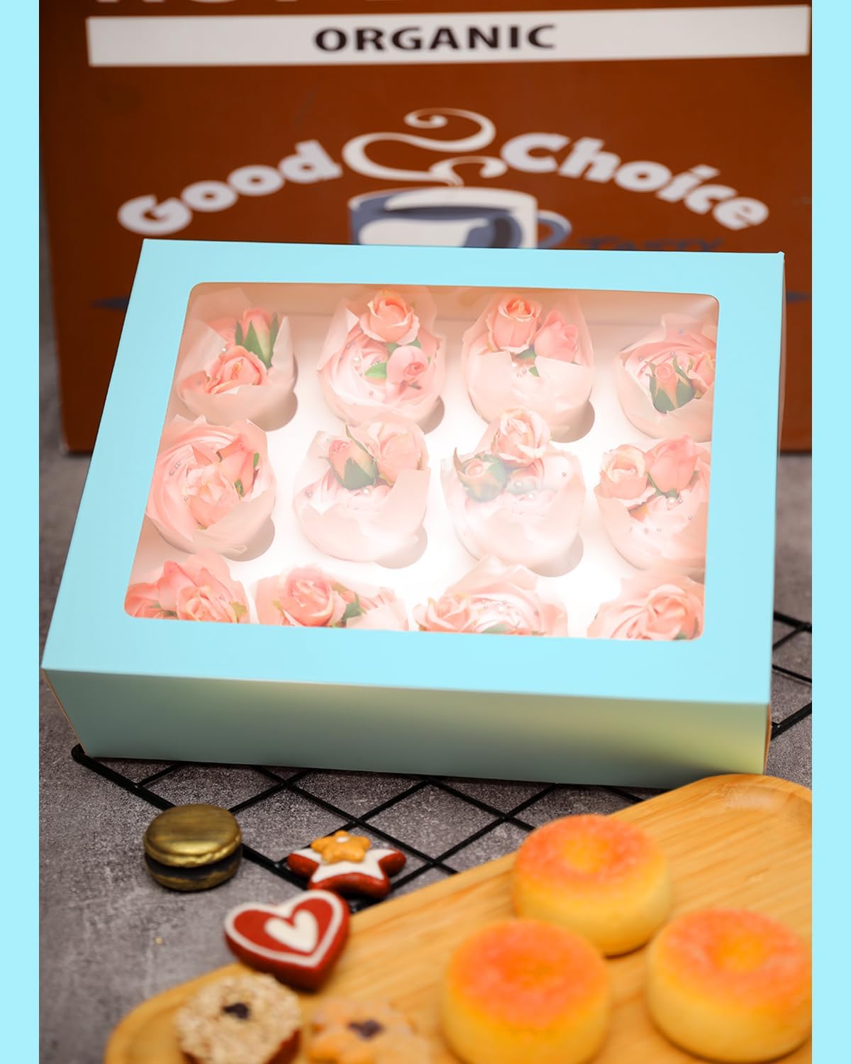 12 Cupcake Containers 10-Packs Light Blue Cupcake Box Cupcakes Carrier, 12 Cupcake Boxes with Window 13"x10"x3.5"（Auto-pop up）