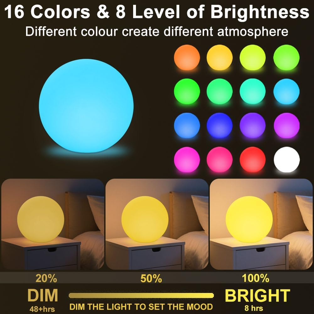 12-in LED Globe Orb Lamp, Dimmable RGB Color Changing Glowing Orb Lights Rechargeable Glowing LED Ball Light w/Remote, Waterproof Outdoor Globe Light Soothing Mood Lamp for Bedroom Garden Patio Decor