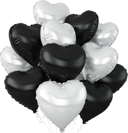Black Silver Heart Balloons,12Pcs 18Inch Silver Black Heart Shaped Foil Helium Balloons for Baby Shower Birthday Anniversary Wedding Engagement Party Decorations