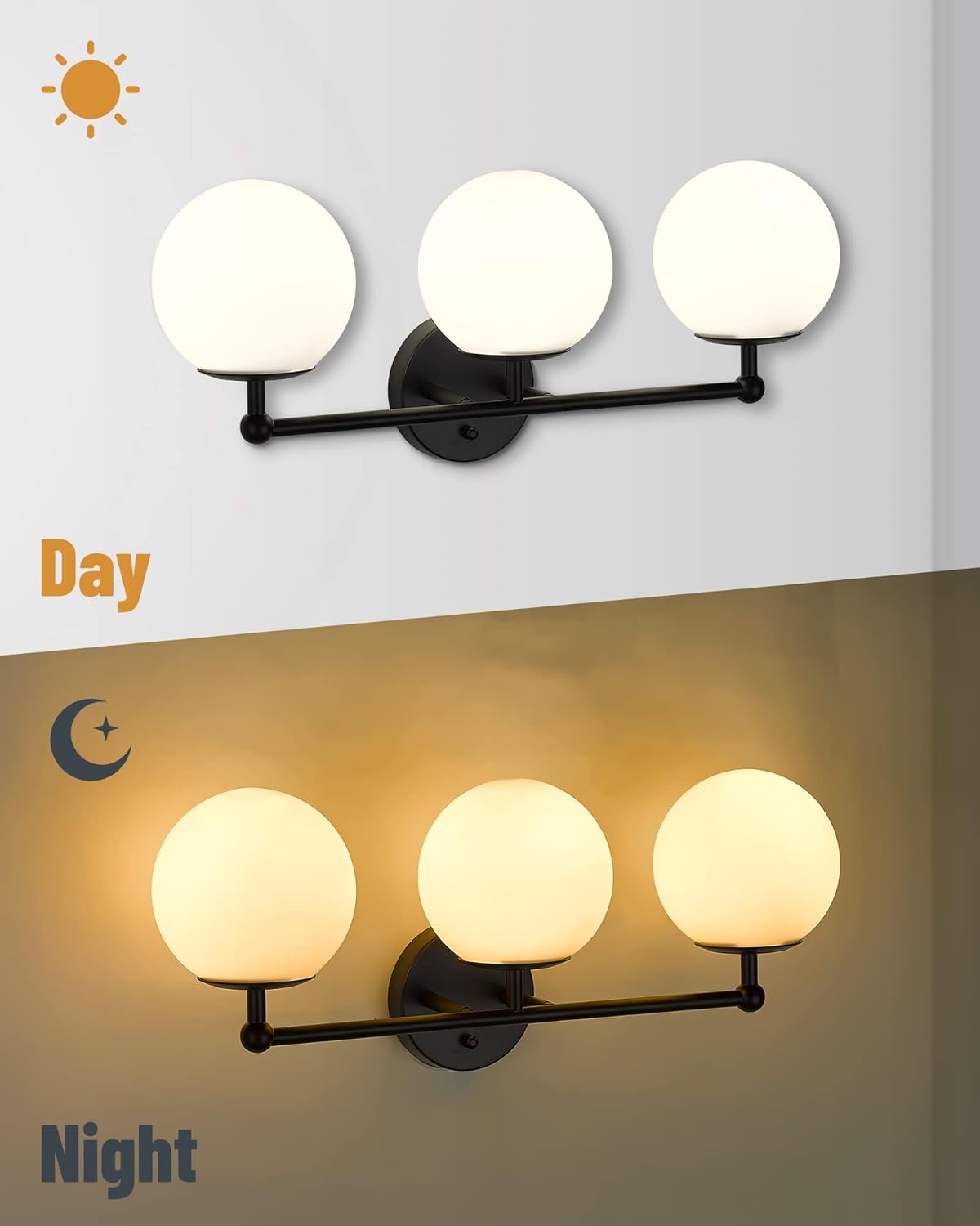 Black Vanity Lights for Bathroom, Farmhouse Bathroom Light Fixtures 3-Light Over Mirror with Milky Glass Globe Shade, KW-7307-3