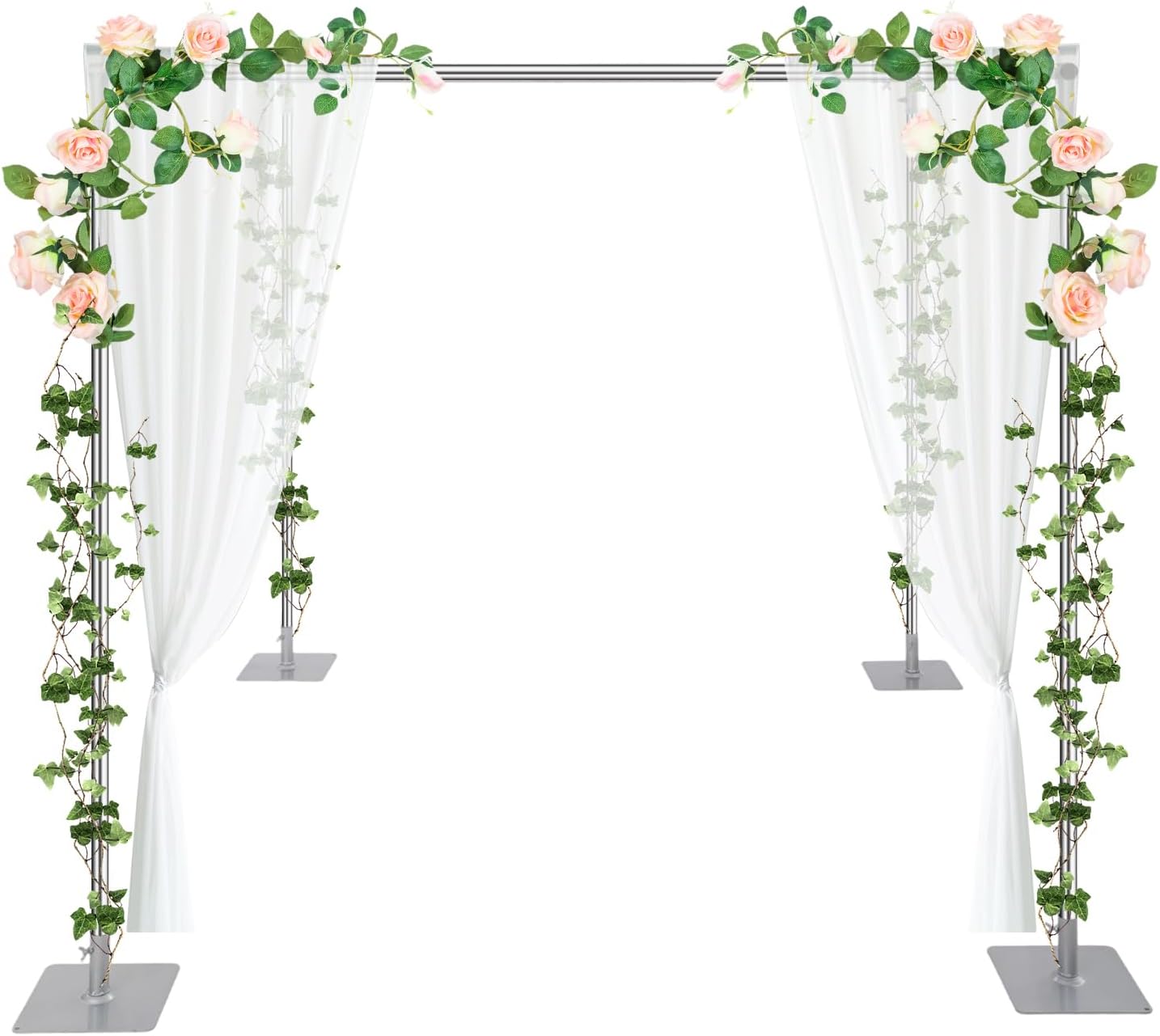 Wedding Backdrop Stand 4 Post,5ft~10 ft Adjustable Wedding Hardware Kit Chuppah Canopy Detachable Metal Background Frame Photo Booth for Party Wedding Ceremony Event