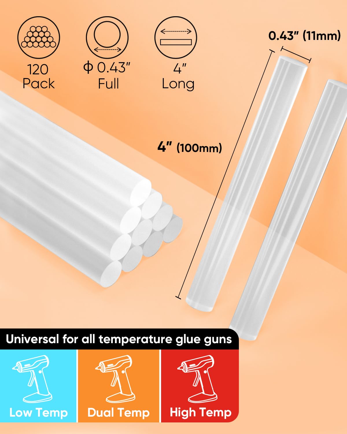 SHALL Full Size Hot Glue Sticks, 0.43” Dia x 4” Long, 120-pack Clear Hot Melt Glue Gun Sticks for All-Temp Glue Guns, Multipurpose for Kids Adults DIY Art Craft Sealing Repairing Festival Decoration