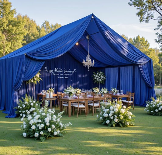 PartyVillage 20ftx40ft Royal Blue Ceiling Curtain for Wedding Parties – 4 Panels Wrinkle-Free 40 FT Long Tent Draping Curtains for Wedding, Birthday & Theme Parties, 40ft Height with Rod Pocket